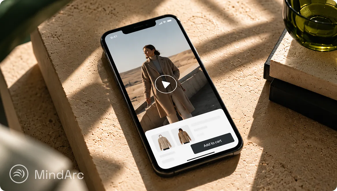 Mobile phone showing a shoppable video on a product page